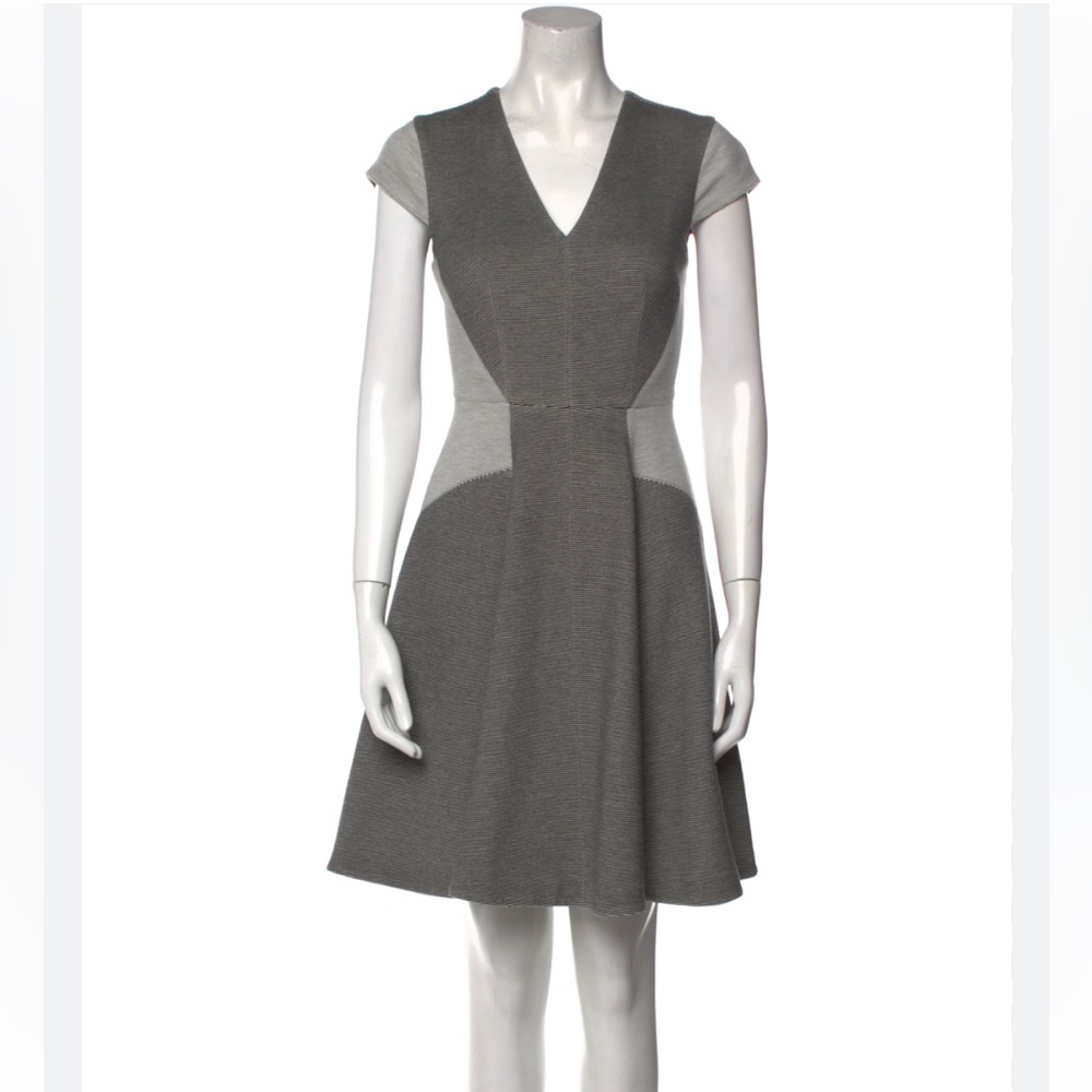 Rebecca Taylor Printed Knee Length Black and Grey Paneled Ponte Flare Dress